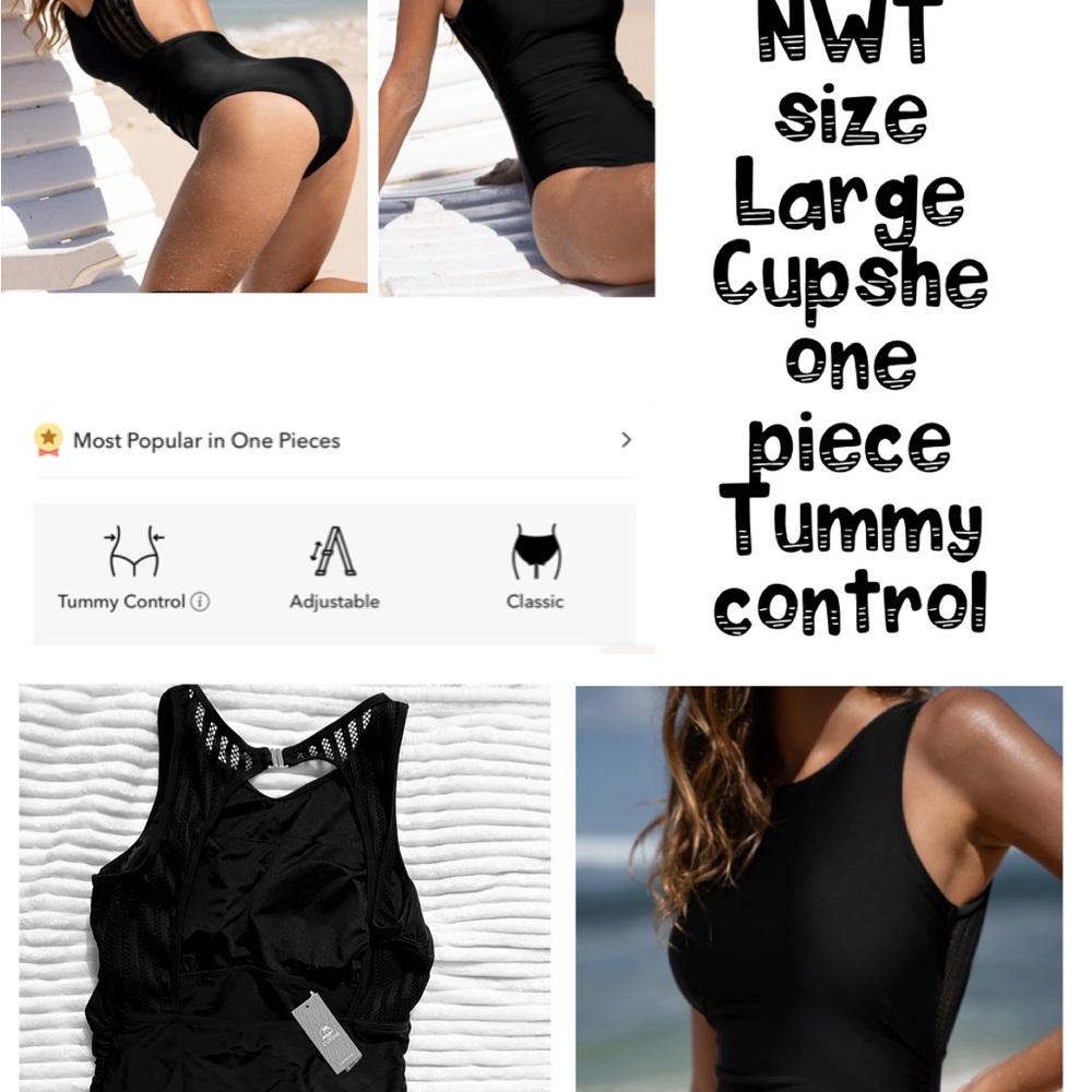 Cupshe large Black One-Piece Swimsuit with tummy control, crochet details NWT